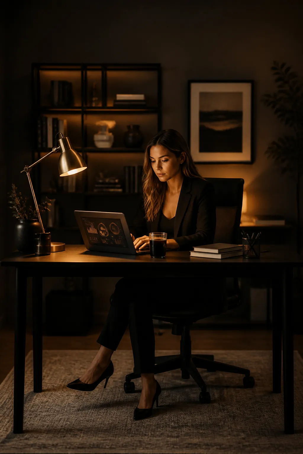 Solo professional working late with Avexora AI on her laptop